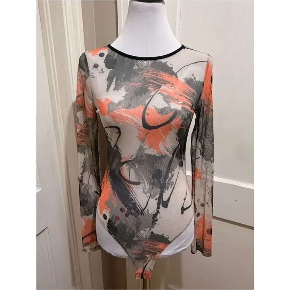 New with Tags Fashion Nova Sheer Abstract Brushstroke Long-Sleeve Bodysuit